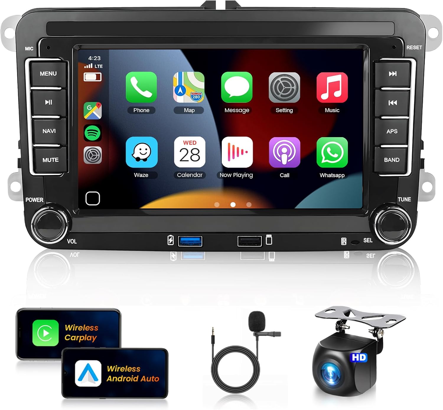 METEESER 7″ Android13 Wireless CarPlay & Android Auto Car Stereo for VW Jetta Passat Golf Tiguan 2+64G – Bluetooth, GPS Navigation, Wi-Fi, Backup Camera Included,USB Slot Android Double Din Head Unit