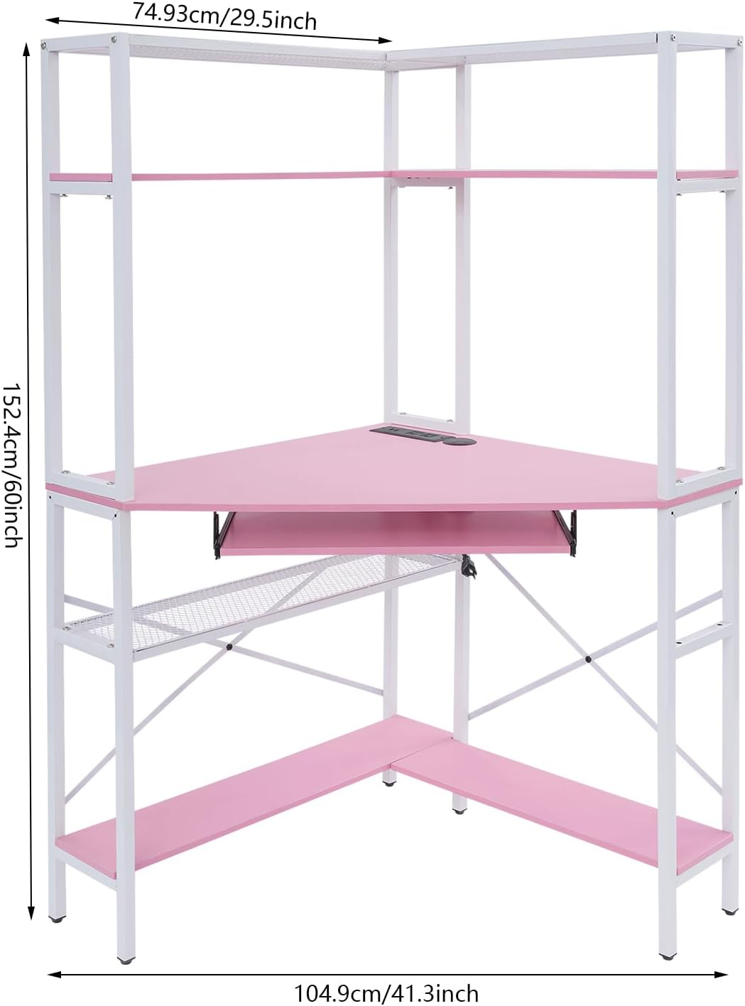 Corner Computer Desk with Power Outlets & LED Light, Mini Corner Desk with Hutch Corner Gaming Desk with Storage Shelves Triangle Corner Desk for Small Space, Home Office, Workstation (Pink)