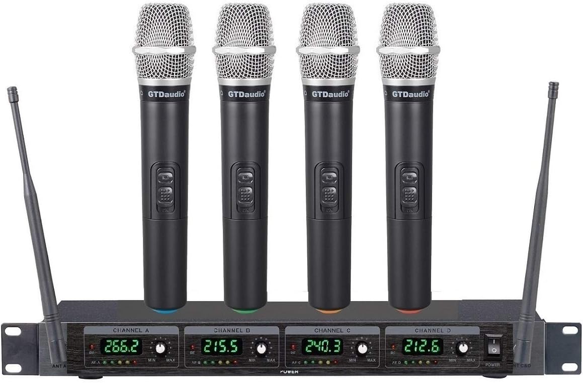 GTDaudio 4 Handheld Wireless Microphone Cordless mics System, Ideal for Church, Karaoke, Dj Party, Range up to 300 ft,