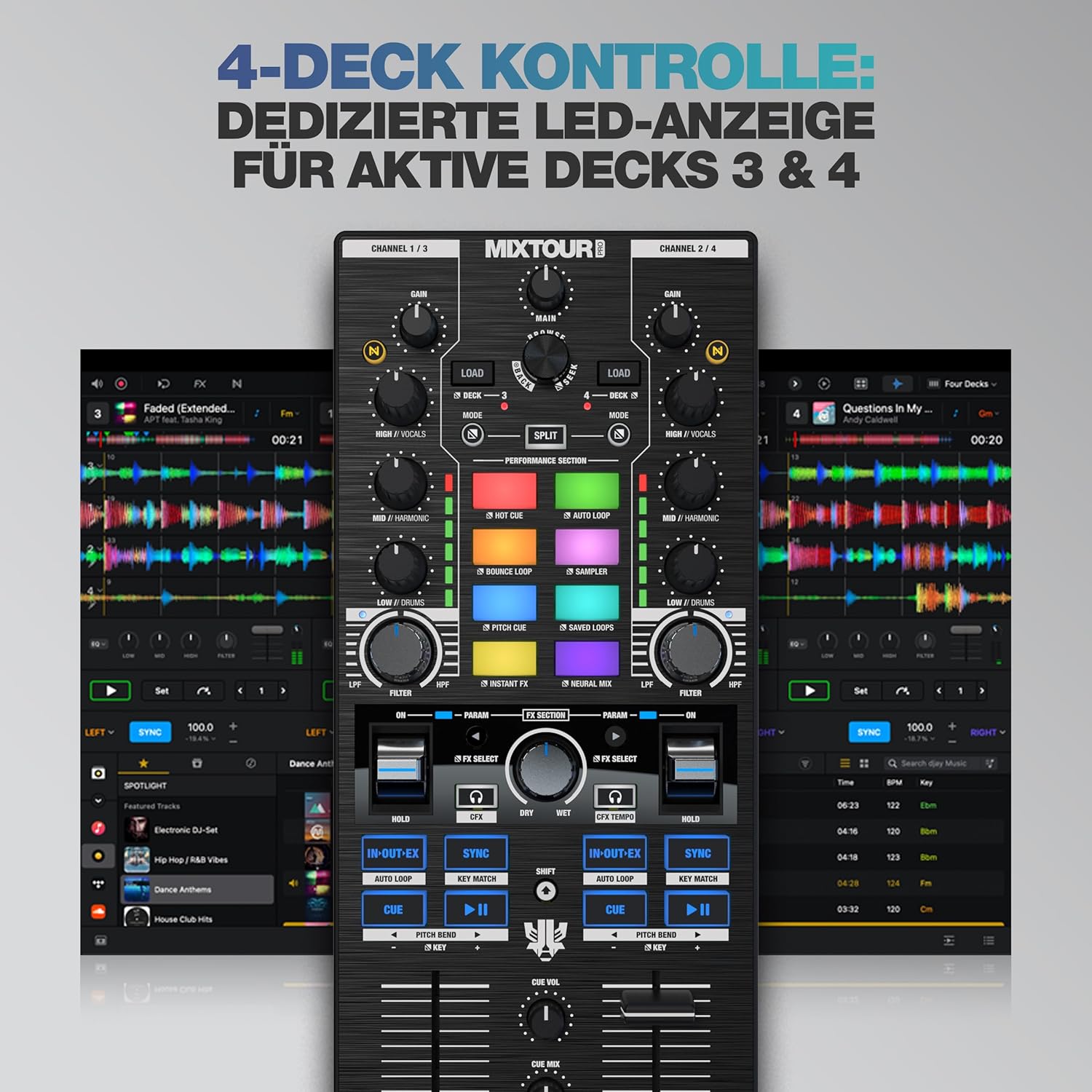 Reloop Mixtour Pro High-quality, ultra-portable, all-in-one four-deck DJ controller with audio interface