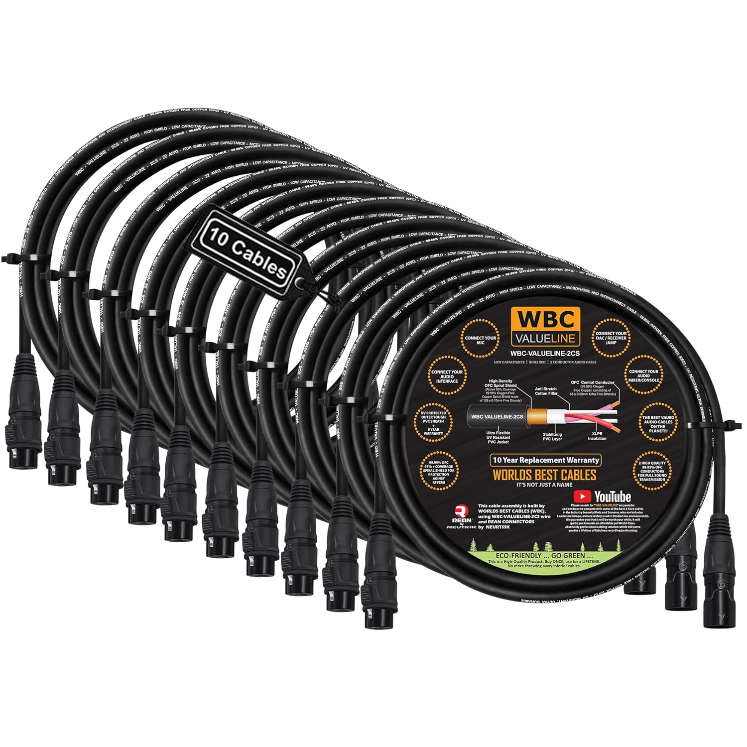 WBC-VALUELINE-2CS (22 AWG) - 10 Units - 6 Foot–Low-Capacitance Shielded Balanced Flexible Microphone, Active-Speaker & Interconnect Cables with Neutrik-Rean IP65 Rated Gold XLR Connectors