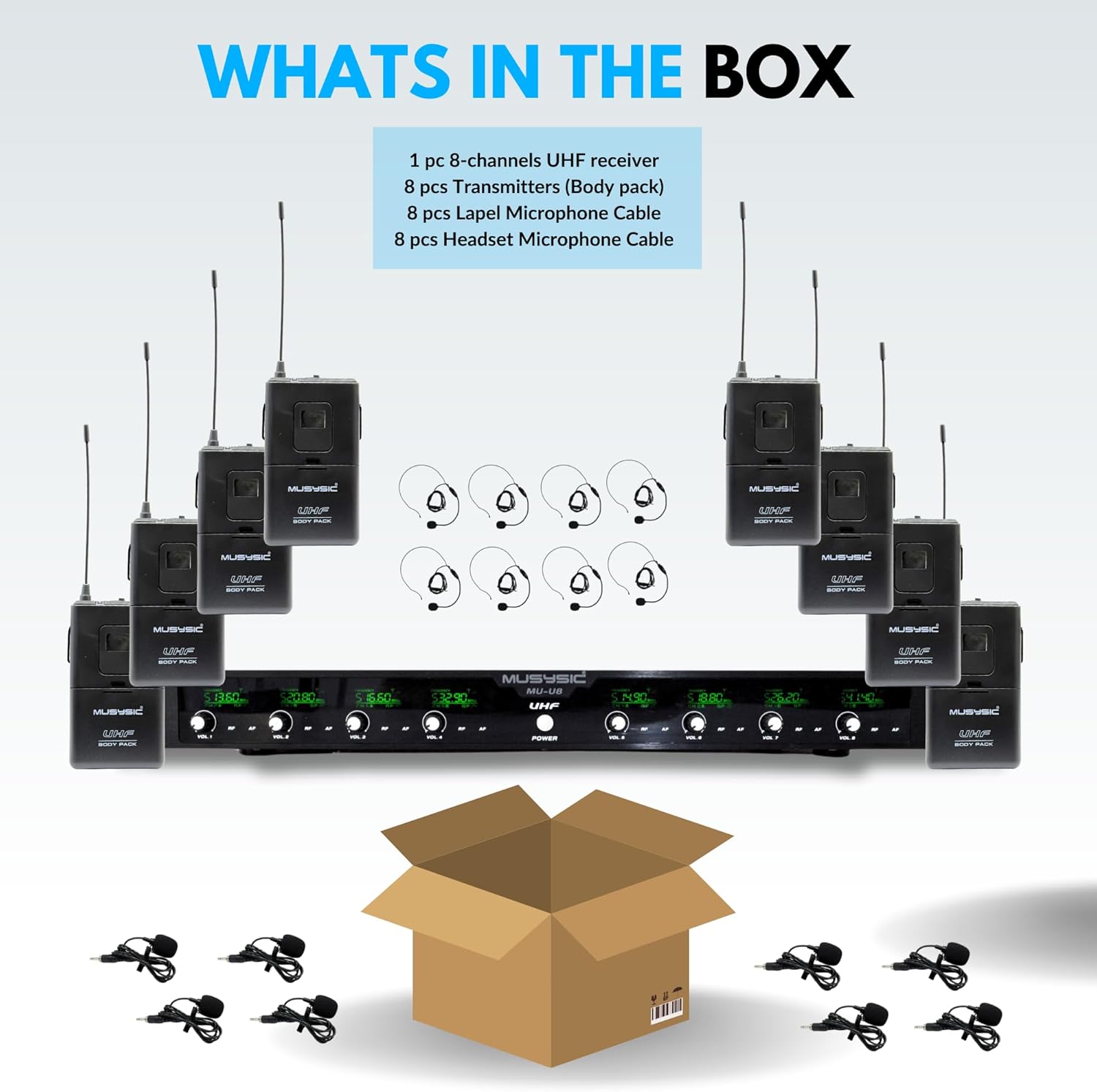 MUSYSIC 8-Channel Professional Wireless UHF Microphone System, 300ft Range Fixed Frequency Bodypack Headset/Lapel Microphones for Singing, Karaoke, Church, DJ (Frequency Set 2)