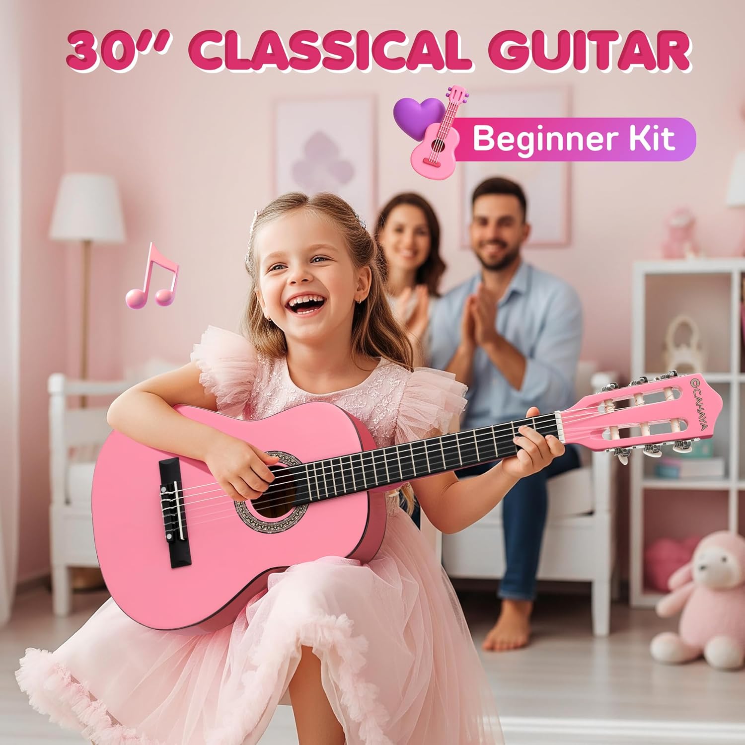 CAHAYA Classical Guitar Kit 30”- Kids Guitar Set with Okoume Neck, Case Bag, Nylon Strap, Picks, Musical Gift for Beginners Girls