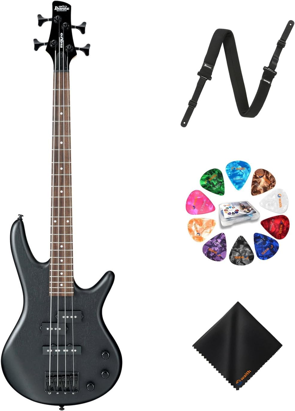 Ibanez GSRM20B 4-String Bass Guitar (Weathered Black) - Right Handed Okoume Body Bass with GSF50 Powerpad Strap, 15 Pack Guitar Picks with Storage Box & Microfiber Cleaning Cloth (Bundle Set)