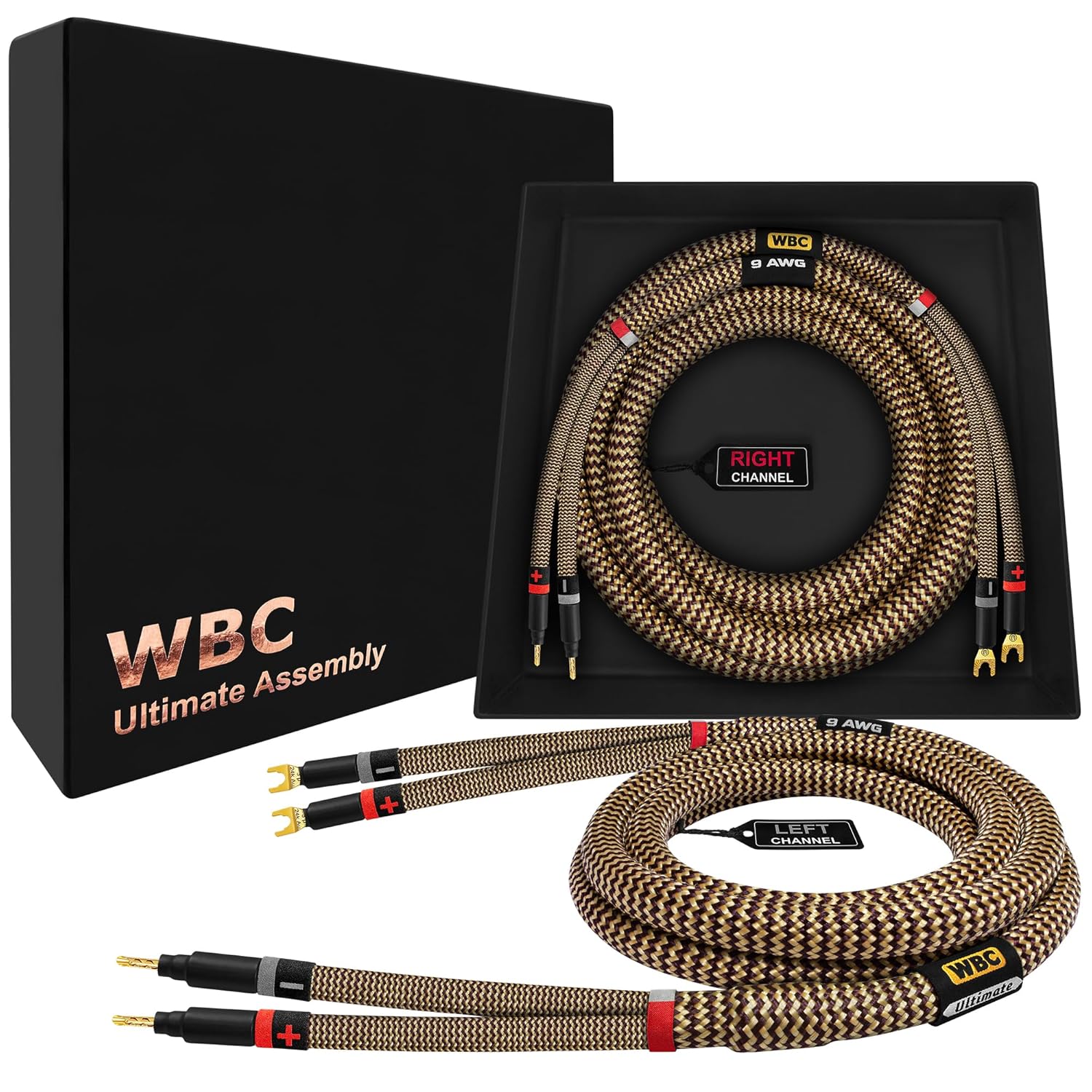 WORLDS BEST CABLES 6 Foot Ultimate - 9 AWG - Ultra-Pure OFC - Premium Audiophile HiFi Speaker Cable Pair with Eminence Gold Banana (x2) & Spade (x2) Plugs & TnBrwn Tweed Jacket