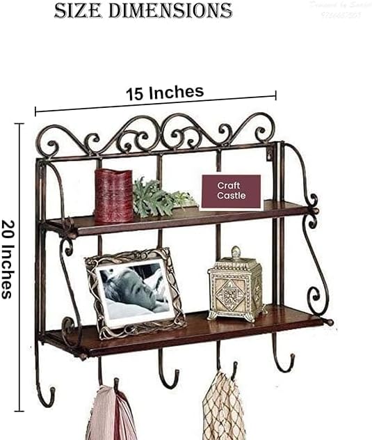 Wooden Iron Wall Shelf with 2 Shelves and 5 Hooks, Foldable Kitchen Rack, Wall Bracket