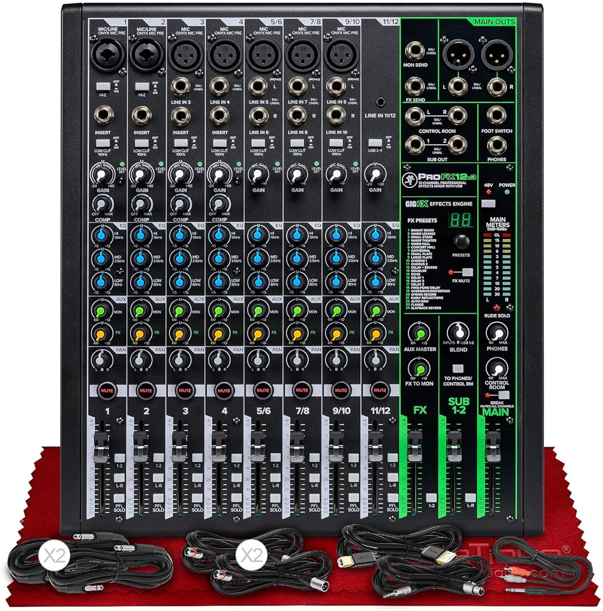 Mackie ProFX12v3 12-Channel Sound Reinforcement Mixer with Built-In FX + Basic XLR/USB/TS/TRS/RCA Cables Bundle & Fibertique Microfiber Cleaning Cloth