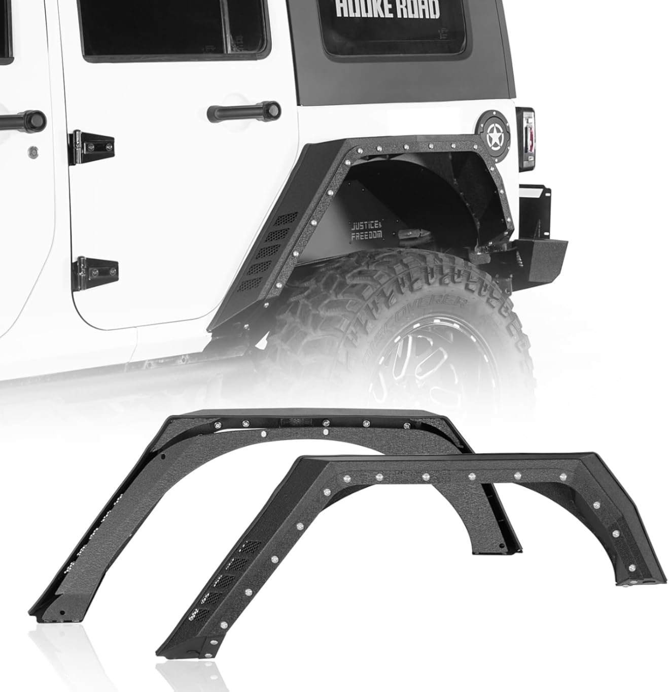 Hooke Road 4-Door JK Wrangler Rear Fender Flares for Jeep Wrangler JK 2007-2018 (4 Doors Only), 2PCS Armor Style Steel Fenders