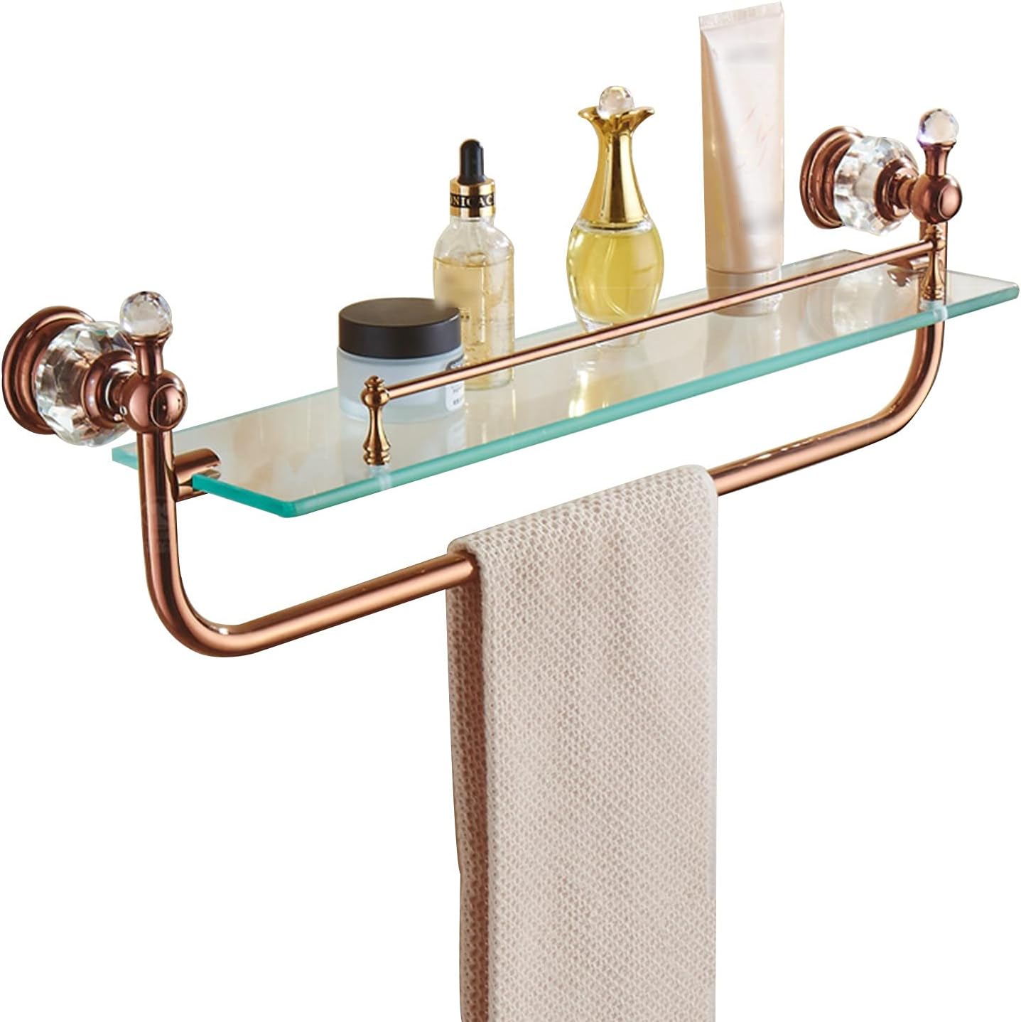 XXIOJUN Tempered Glass Shelf, Bathroom Shelves Wall Mounted Punch Installation Load 10kg with Towel Bar for Dressing Table, Bathroom, Shower Room, 3 Colors (Color : Rose Gold, Size : 57x12cm)