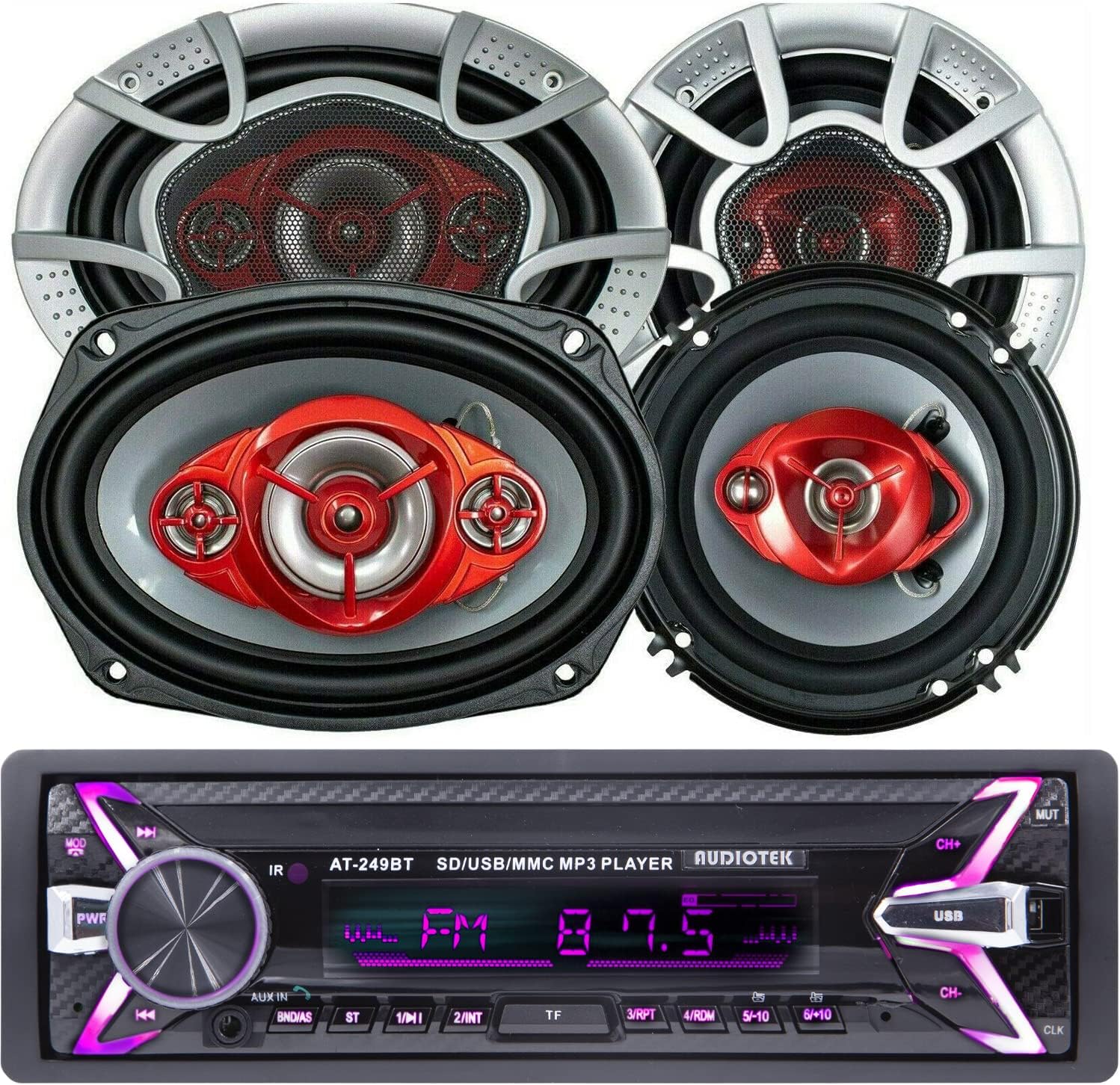 Audiotek AT-249BT Single Din Car Stereo Receiver with Bluetooth + SoundXtreme ST-603 6-Inch 3-Way 350 Watts and SoundXtreme ST-694 6x9 4-Way 520 Watts Coaxial Car Speakers