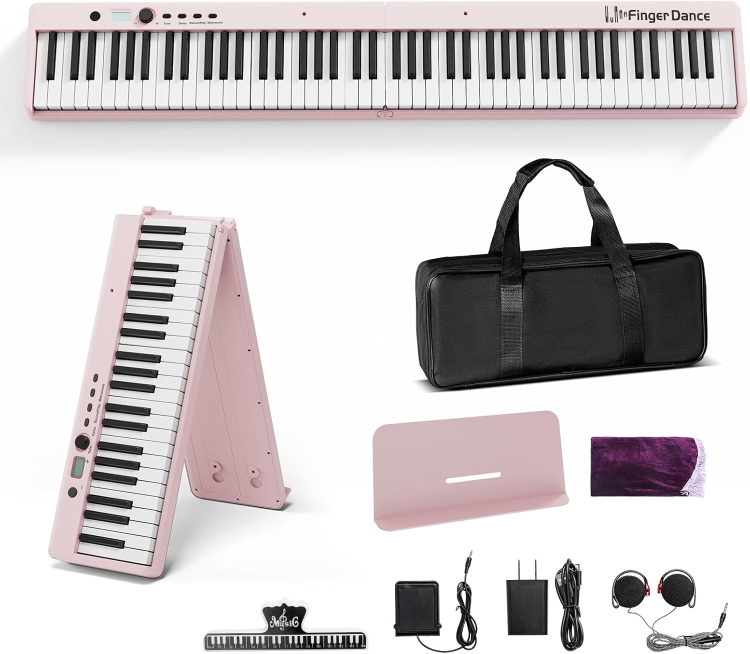 Finger Dance Folding Piano Keyboard 88 Keys, Portable Electric Keyboard with Bluetooth MIDI, Full Size Digital Piano, Wood Grain, Semi-Weighted, Touch Sensitive, with Storage Bag for Beginner