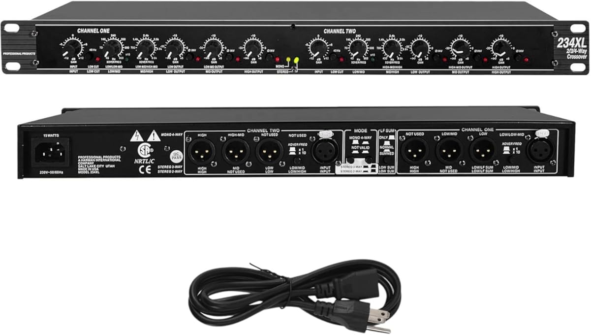 Professional Audio Crossover, 2-Way 3-Way Stereo 4 Way Mono Crossover Audio Sound Processing Crossover for PA System Stage Performance, XLR Input Output and Subwoofer (234XL)