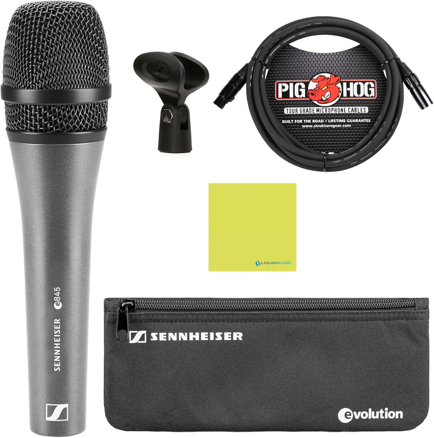 Sennheiser E 845 Supercardioid Dynamic Vocal Microphone Bundle w/Pig Hog PHM10 8mm Mic Cable Polishing Cloth