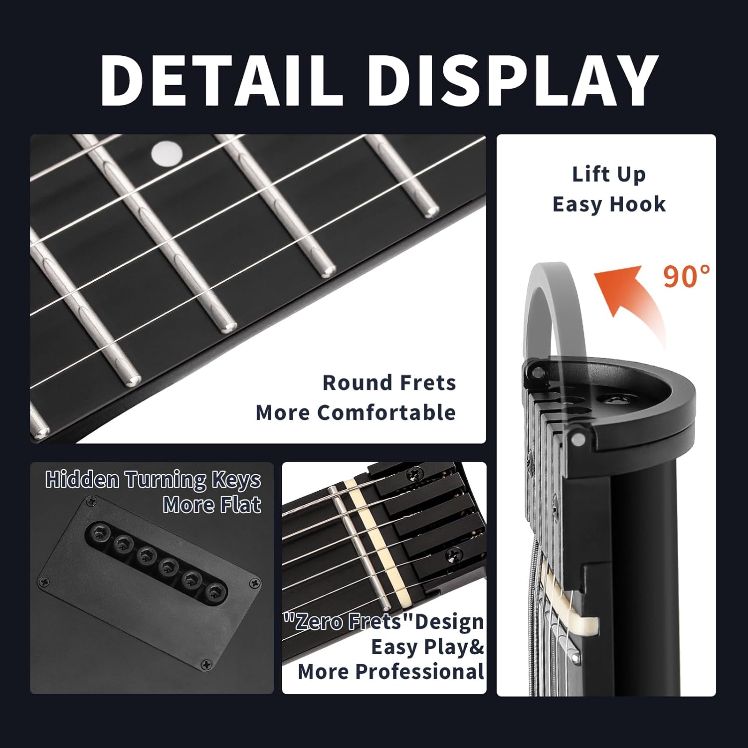 Mini Travel Electric Guitar, Small Lightweight Headless Guitar for Practice, Portable Compact Solid Body Easy Assemble Stands with Gig Bag, Sunburst