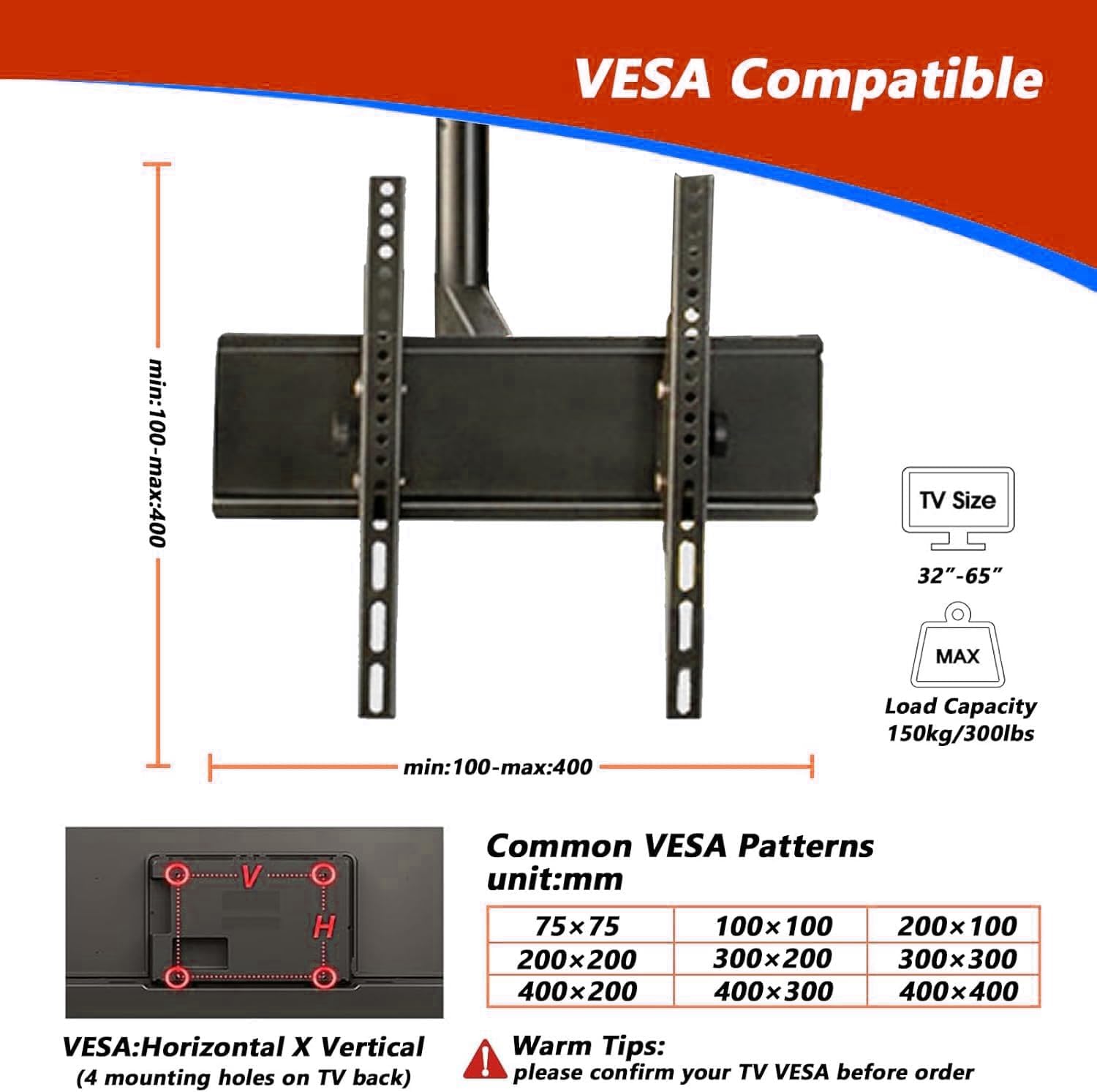 4 Sides Ceiling TV Mount Bracket - Tv Wall Mount, 360° Rotating Telescopic TV LIF, Height Adjustment TV Hanger, 4 Movement Flat/Curved Screen Bracket, Hanging Roof Bracket