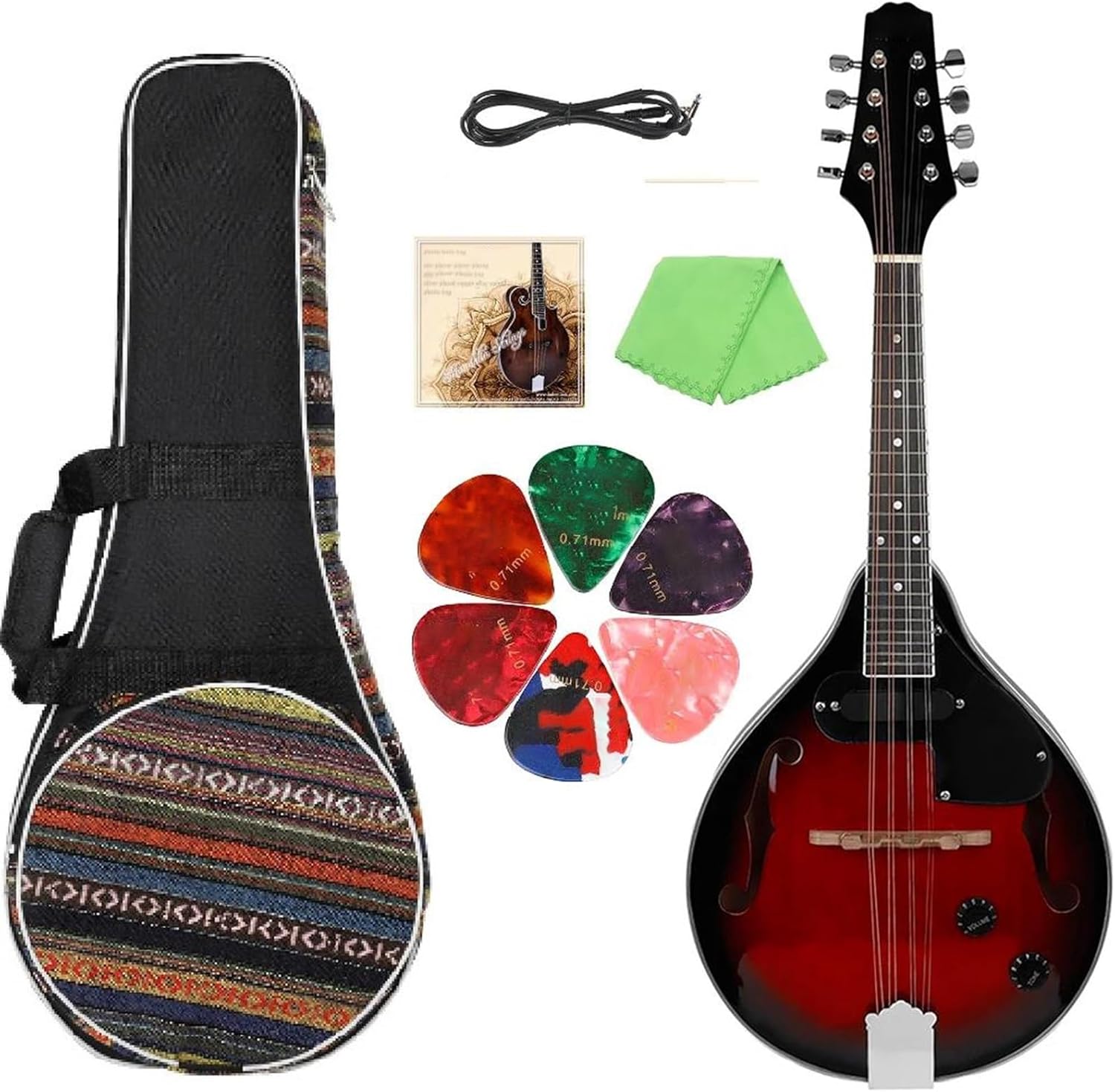 Adult Mandolin Musical Instrument Mandolin 8-String Guitar A Style Electric Mandolin Stringed Instruments with Bag String Pick Accessories(Red Electric Set Sunset)