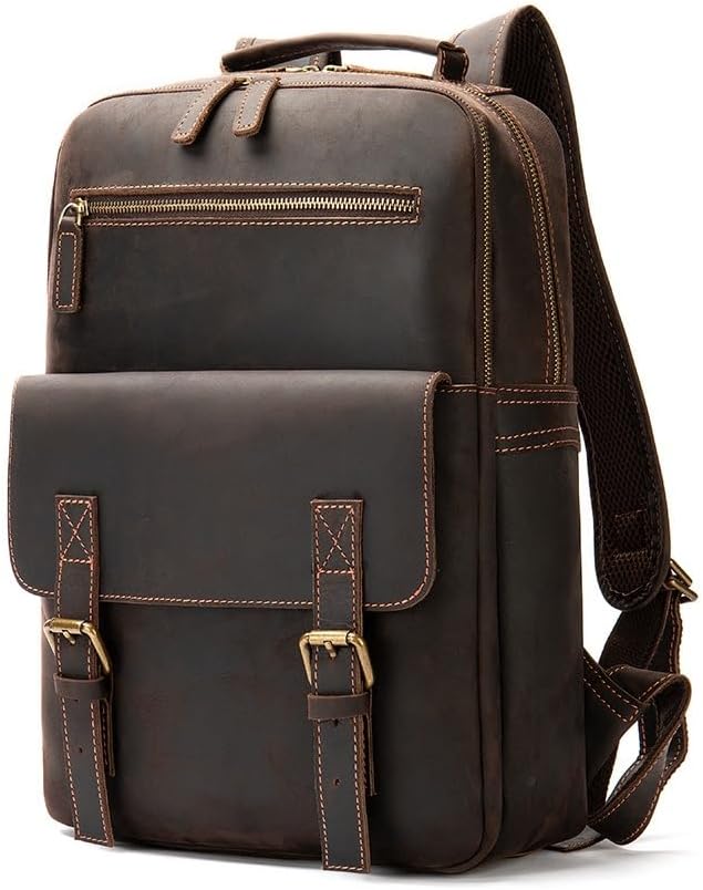 Genuine Leather Backpack for Men Retro Vintage 15.6 Inch Laptop Bag Travel Business Casual Daypack Gift Box (Coffee)