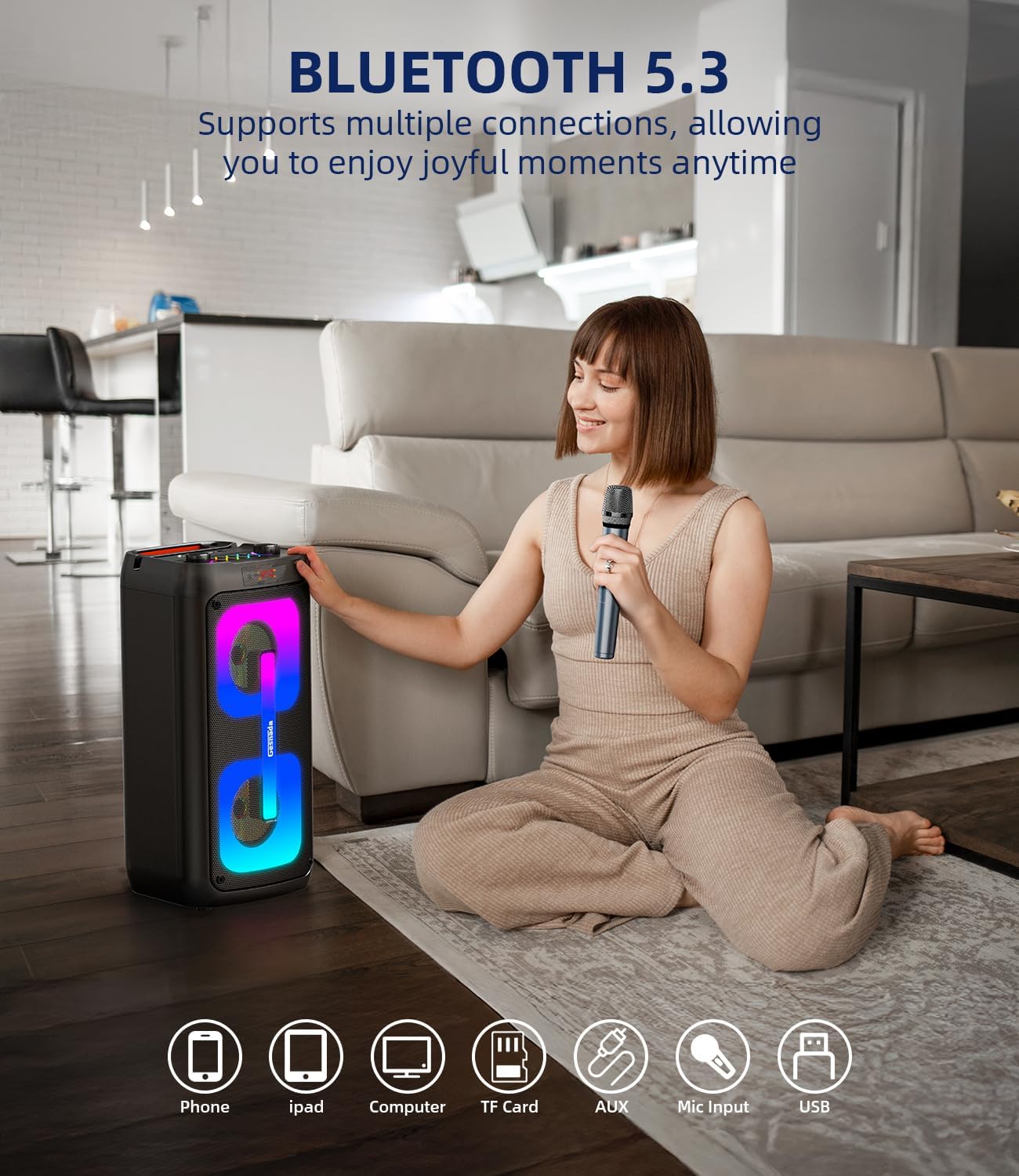Karaoke Machine with 2 Wireless Microphones, Portable Speaker for Adults, 60W Powerful Sound, Bluetooth 5.3 & TWS Stereo, LED Lights, Supports Type-C/USB/TF/AUX for Home Party and Outdoor.
