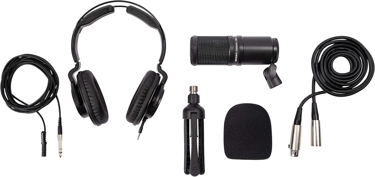 Zoom ZDM-1 Podcast Mic Pack, Podcast Dynamic Microphone, Headphones & Amazon Basics Standard XLR Male to Female Balanced Microphone Cable, Durable & Flexible, Noise-Cancelling - 6 Feet, Black