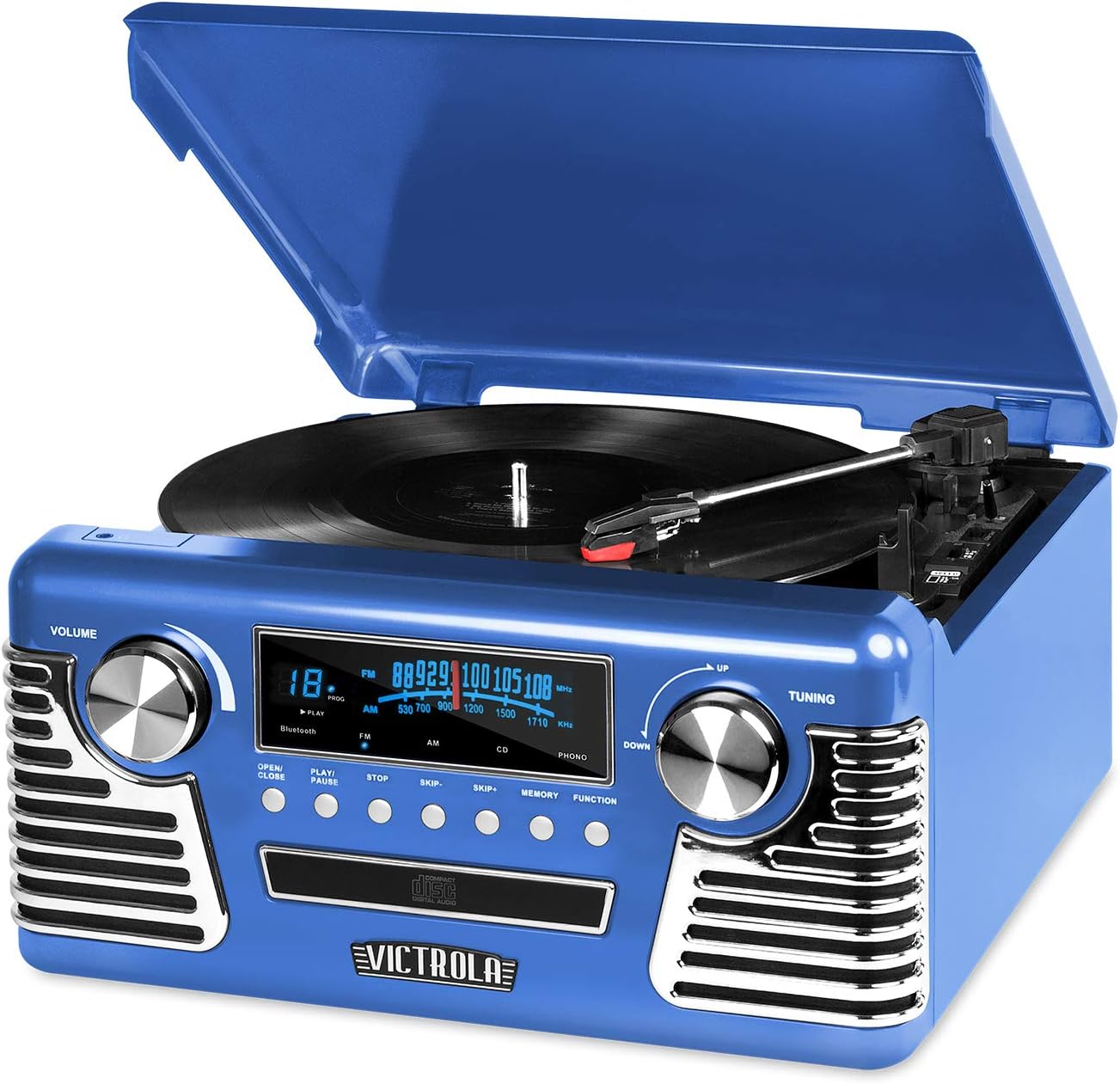 Victrola Haley Retro Bluetooth Record Player & Multimedia Center with Built-in Speakers - 3-Speed Turntable, CD Player, AM/FM Radio, 3.5mm Aux-In, Wireless Music Streaming, Blue