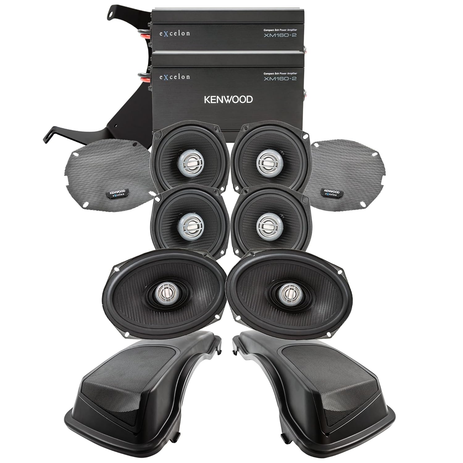 KENWOOD Excelon Motorsports P-HD5SG-98 Street Glide or Ultra Classic MAX Front & Rear Amplifier Package for 1998-2013 Motorcyle Models