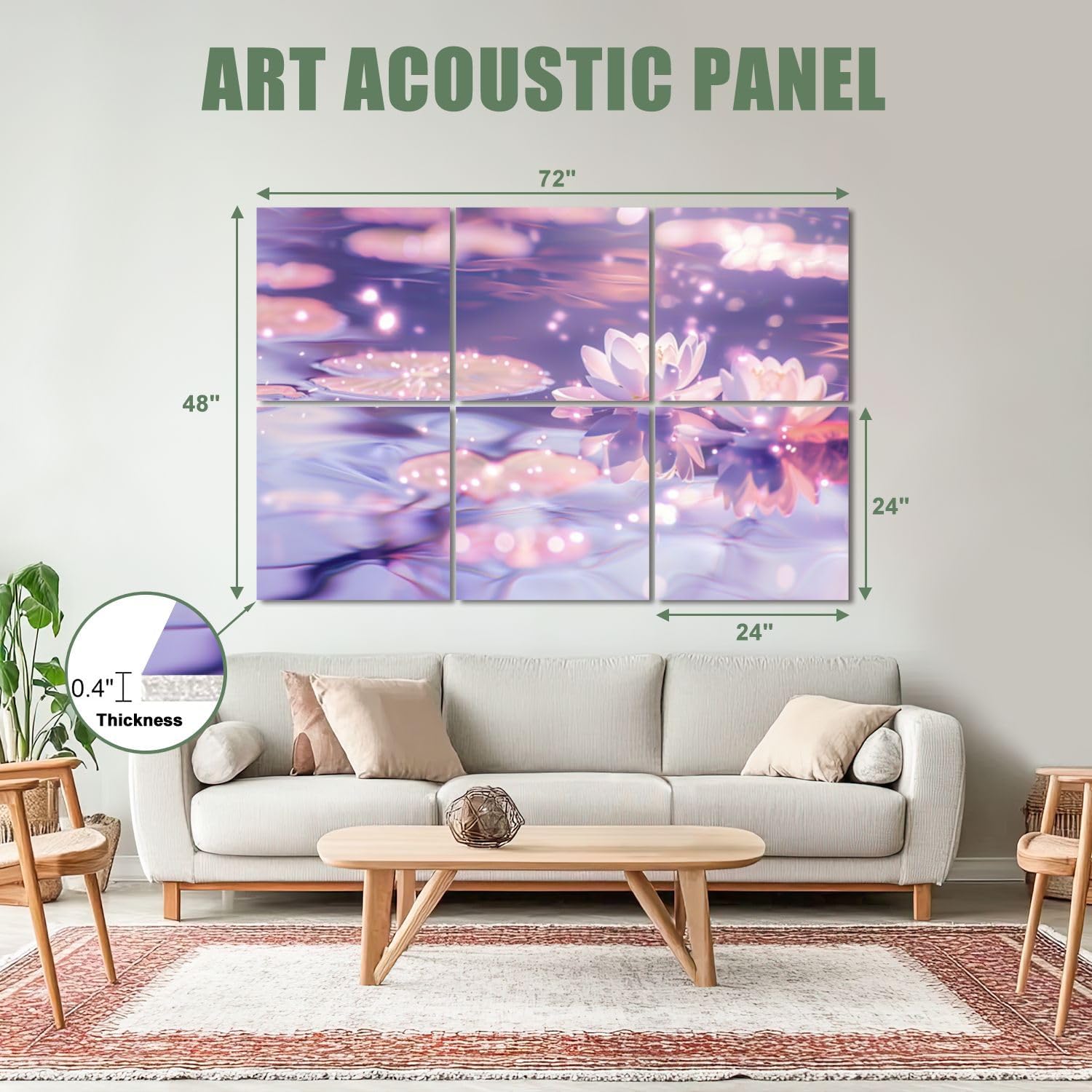 6 Pack Art Acoustic Panels Sound Absorbing Lotus Floral Zen Meditation Modern White Lotus Sparkles Soft Glow Decorative Soundproof Wall Panels Self Adhesive for Recording Studios Office 72