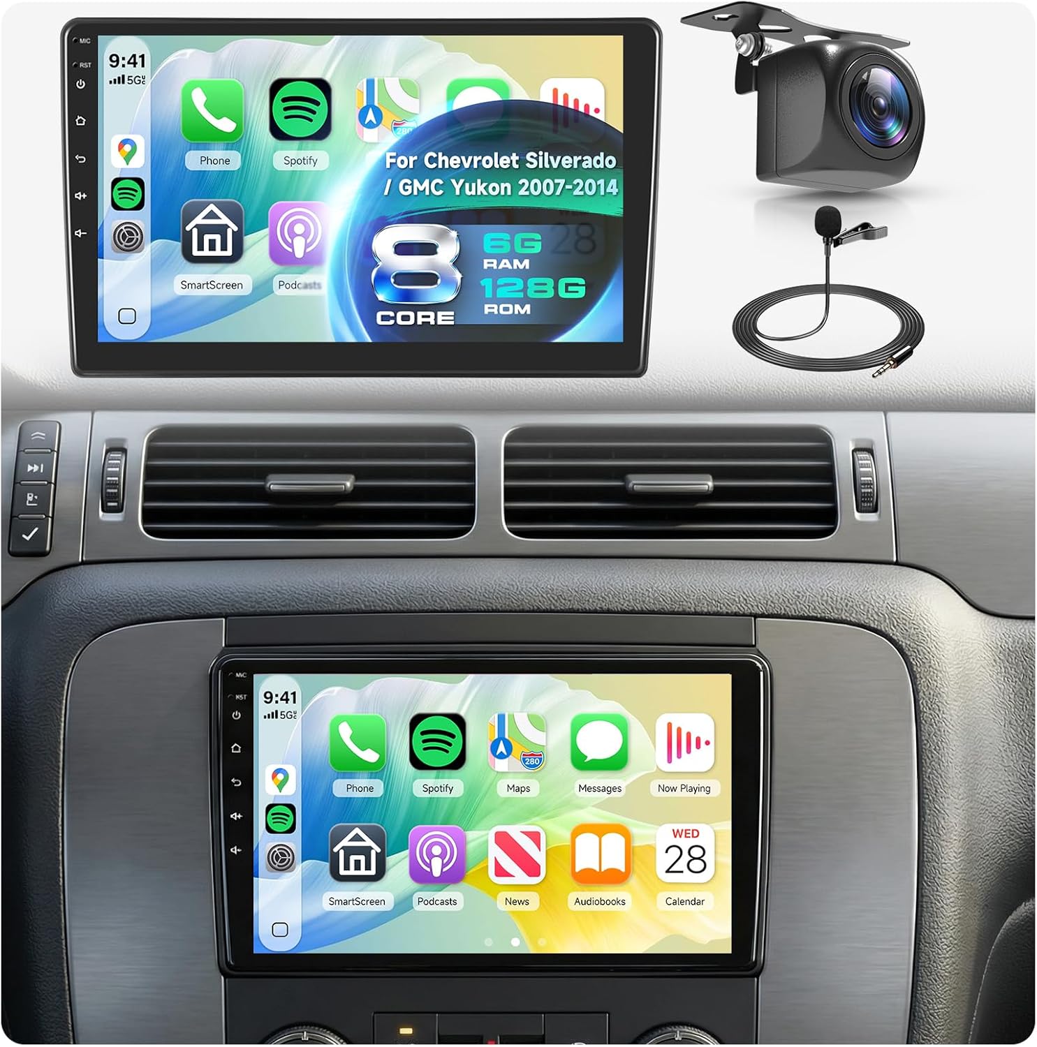 8 Core 6G+128G Android Car Stereo for Chevrolet Silverado/GMC Yukon 2007-2014 with Wireless CarPlay, 10” Touchscreen Car Radio Mirror Link GPS WiFi Bluetooth FM RDS DSP EQ SWC Backup Camera