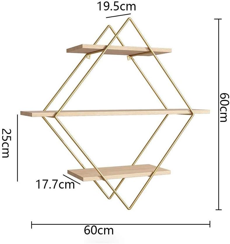 JOCHEN Wall Shelves Wrought Iron Wall Mount,Floating Shelves, 3 Tier Geotric Diamond Wall Shelves, Wood and tal Art