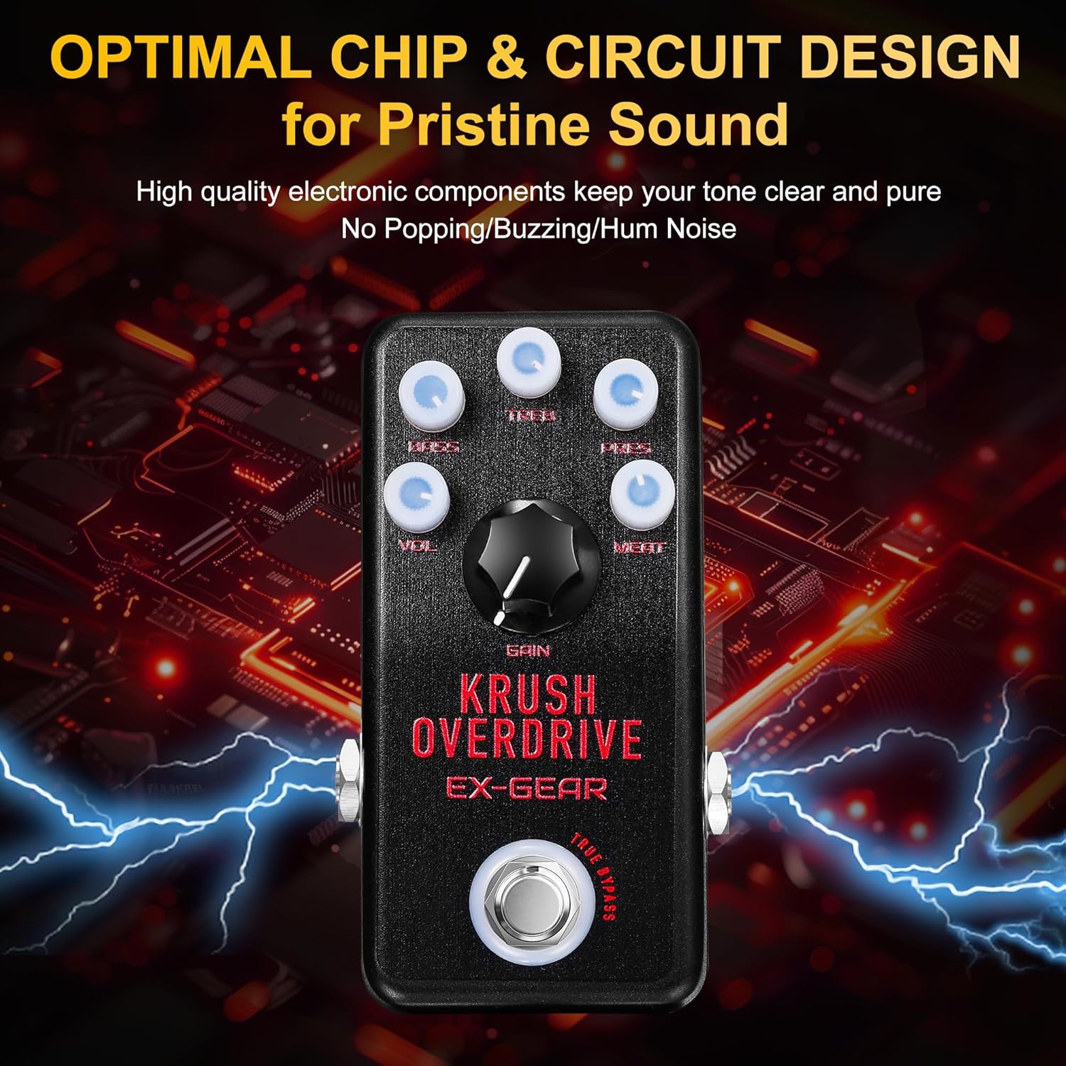 EXGEAR Professional Krush Overdrive Pedal, High-Gain Rock & Metal Guitar Effects Pedal, with Magnetic Base, Illuminated Stage-Ready LED Knobs & Custom Protective Gain Cover