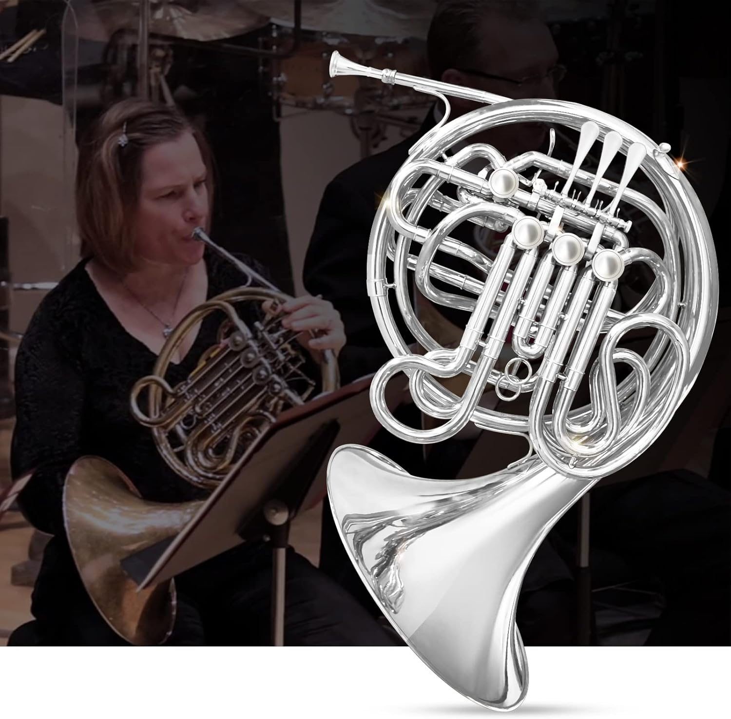 Double French Horn (Fb/Bb) 4 Keys Gold Lacquer - Intermediate Brass Instrument with Case, Mouthpiece and Cleaning Kit - Complete Accessory Kit for Concert Band and Solo Performance (Silver)