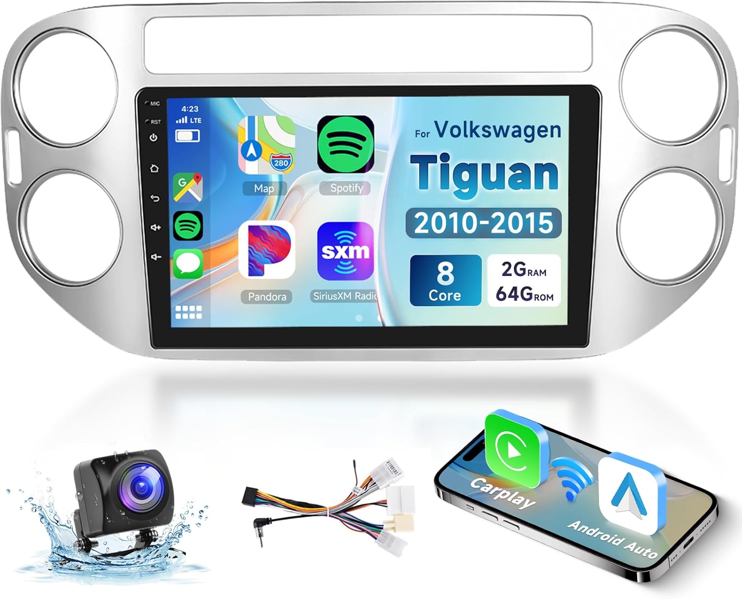 8 Core 2G+64G Car Radio for Volkswagen Tiguan 2010 2011 2012 2013 2014 2015, Wireless Carplay Android Auto Car Stereo, 9” IPS Touchscreen with WiFi, GPS, Bluetooth,FM/RDS, 32EQ DSP, Rear Camera