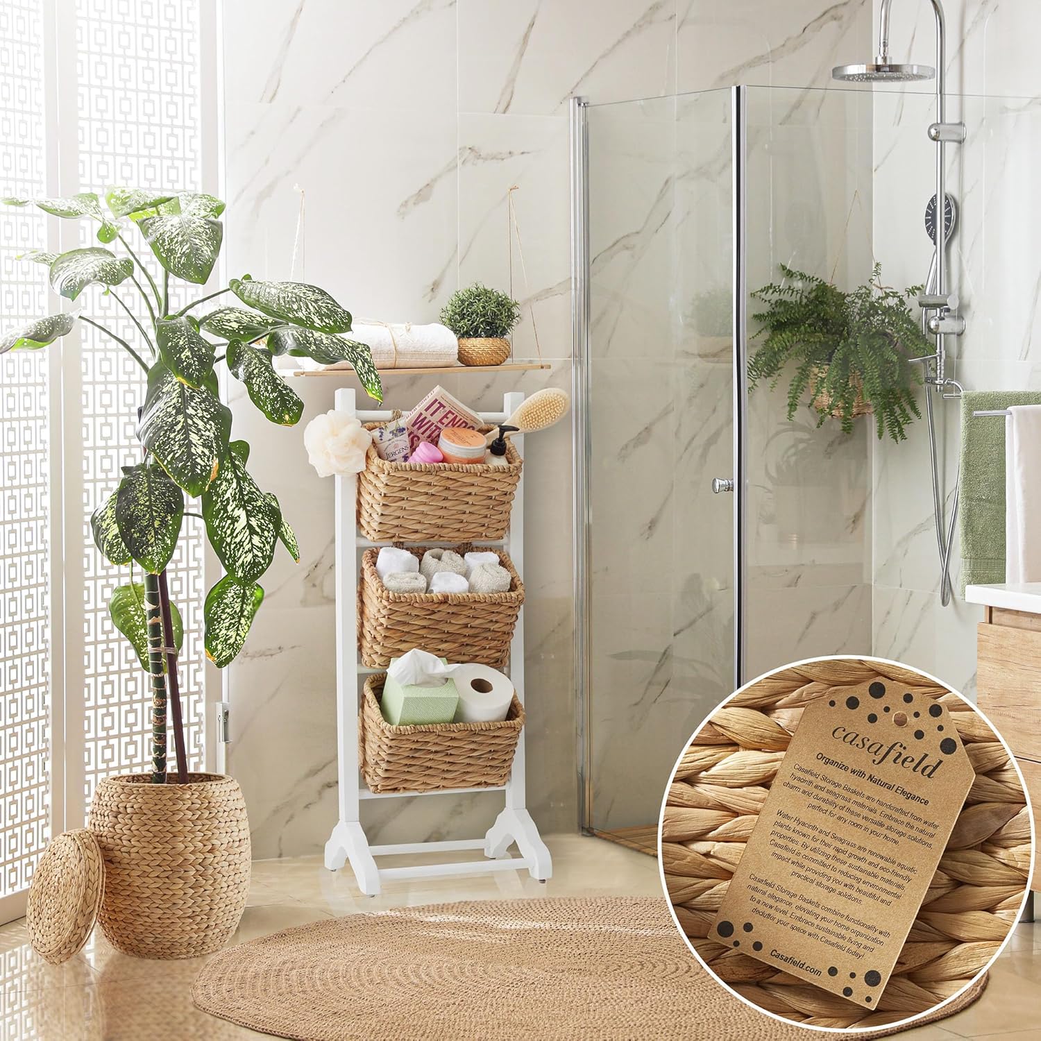 Casafield 3-Tier Floor Stand with Water Hyacinth Storage Baskets, White/Natural - Standing Organizer Rack for Bathroom, Kitchen, Laundry, Living Room