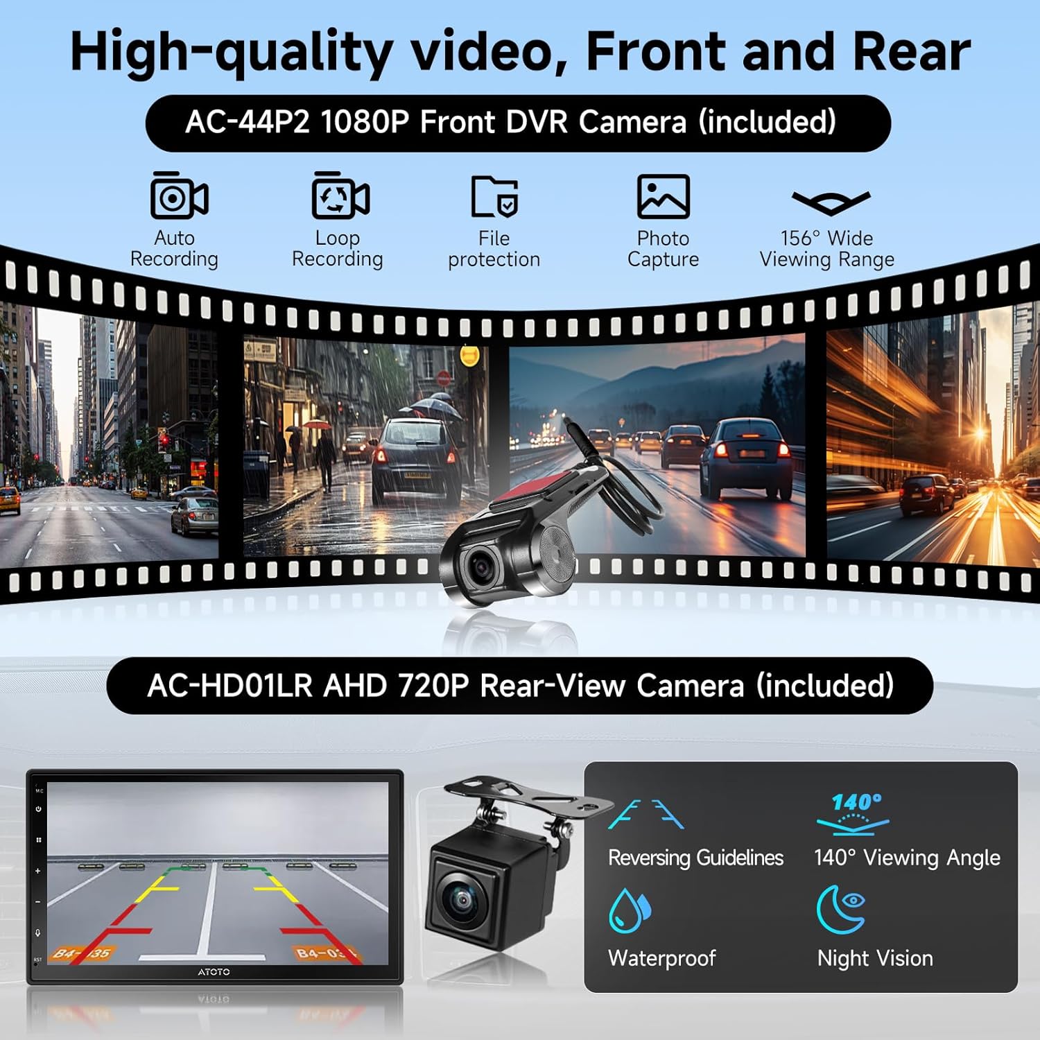 A5L 7inch Android Double Din Car Stereo with 1080P DVR Dash Cam&Backup Camera, Wireless CarPlay/Android Auto, Wi-Fi/Bluetooth/USB, 24EQ, DSP, GPS Tracking, LRV, Mirror Link