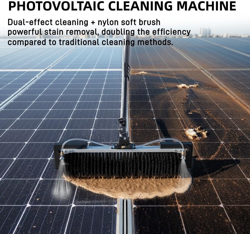 Solar Panel Cleaning Roller Brush, 24.6FT Adjustable Window Cleaning Brush and Pole, Automatic Solar Panel Brush for Cleaning PV Panel Plug