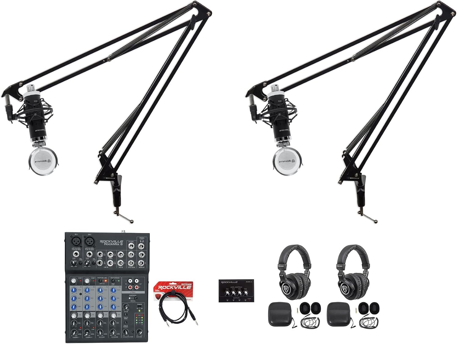 Rockville 2-Person Podcast Podcasting Recording Kit w/Mics/Mixer/Headphones