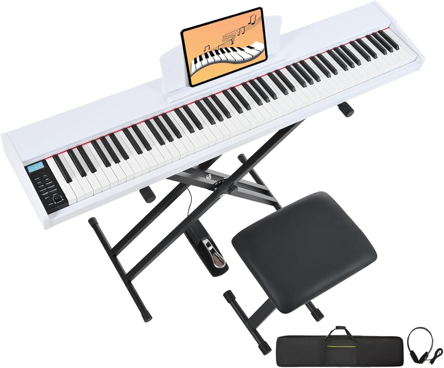 Digital Piano 88 Key Weighted with Piano Bench, 88 Key Full Size Semi Weighted Keyboard Piano, Electronic Piano for Beginner,with Adjustable Stand,Carrying Case,Sustain Pedal,Headphone (White)