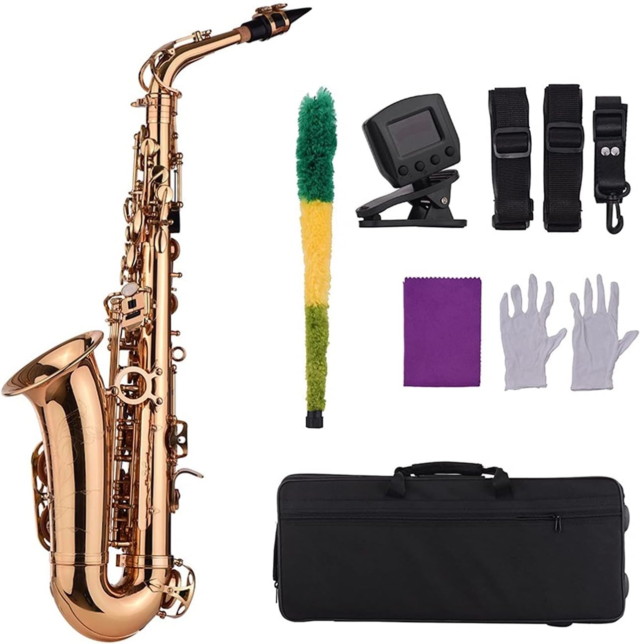 Sax Beginners Kit EB Alto Saxophone Brass Material Wind Instrument with Carry Case Gloves Cleaning Cloth Sax Straps Tuner Wind Instrument
