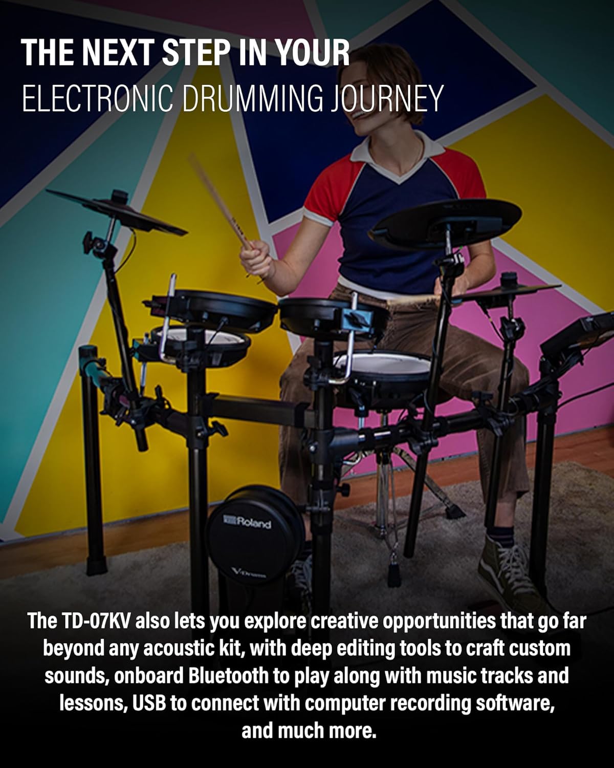 Roland V-Drums TD-07KV Electronic Drum Set Bundle with Drumstick Bag, 3.5mm Audio Cable, 3 Pairs of Drumsticks, and Austin Bazaar Polishing Cloth