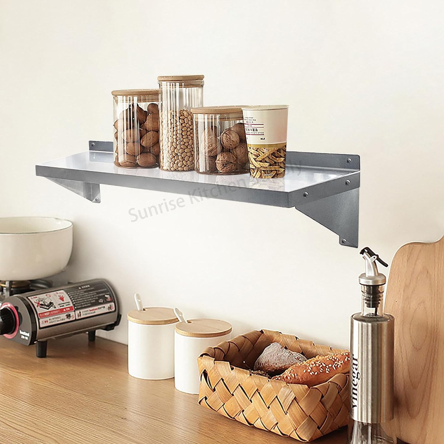 SUNRISE Commercial 430 Stainless Steel Kitchen Wall Shelf, NSF Certificated, Wall Mounted, Solid Shelving for Restaurants, Bars & Hotels (12
