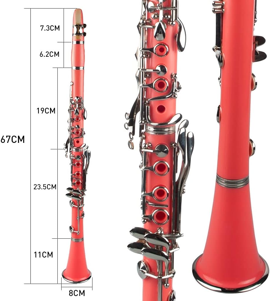 Standard Clarinet Pink ABS Clarinet Bb Cupronickel Nickel Plated 17 Keys with Cleaning Cloth Gloves Woodwind Instrument Beginner Clarinet