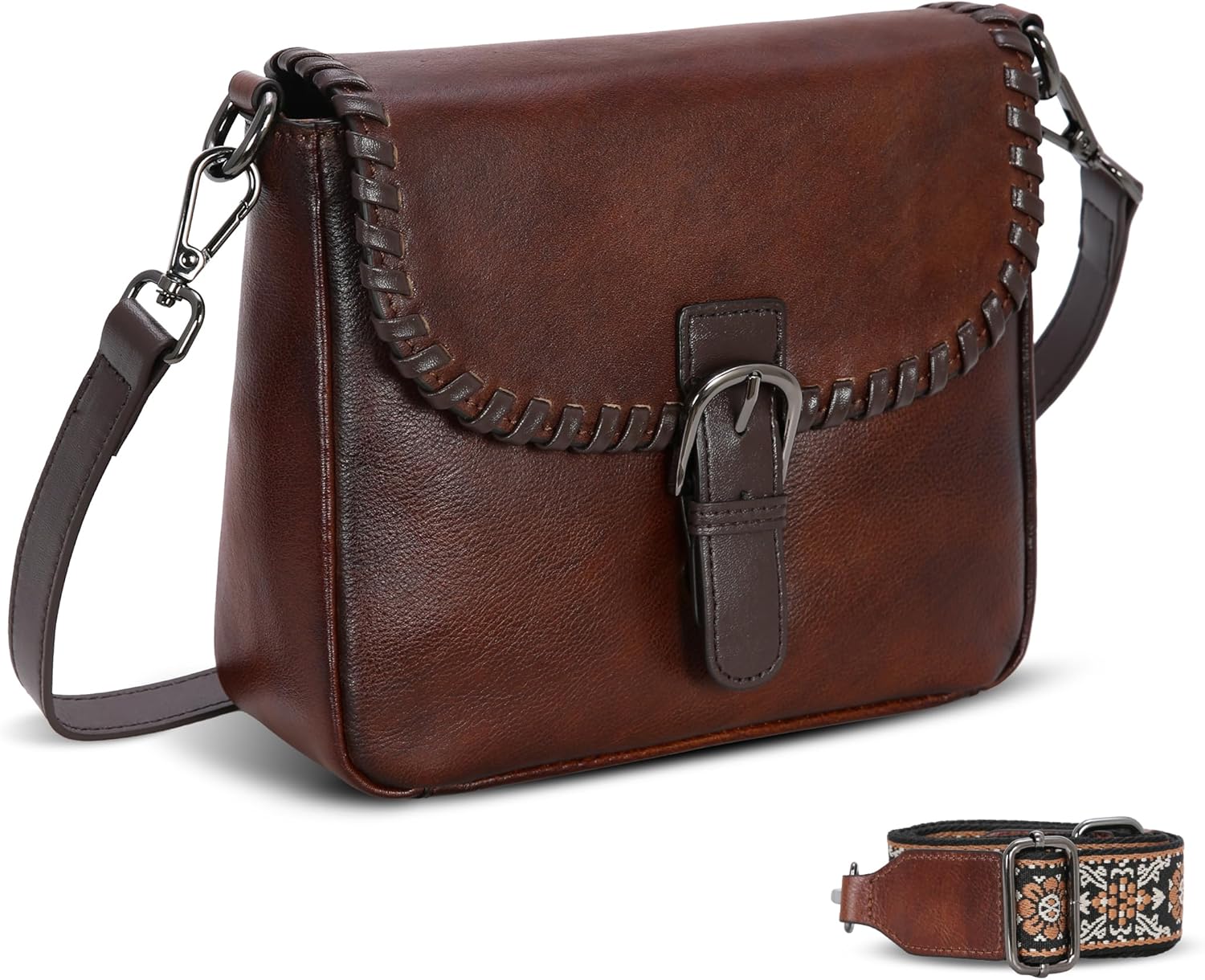 HESHE Genuine Leather Crossbody Bags for Women, Retro Small Shoulder Purses, Designer Handbags with 3 Straps Satchel Purse