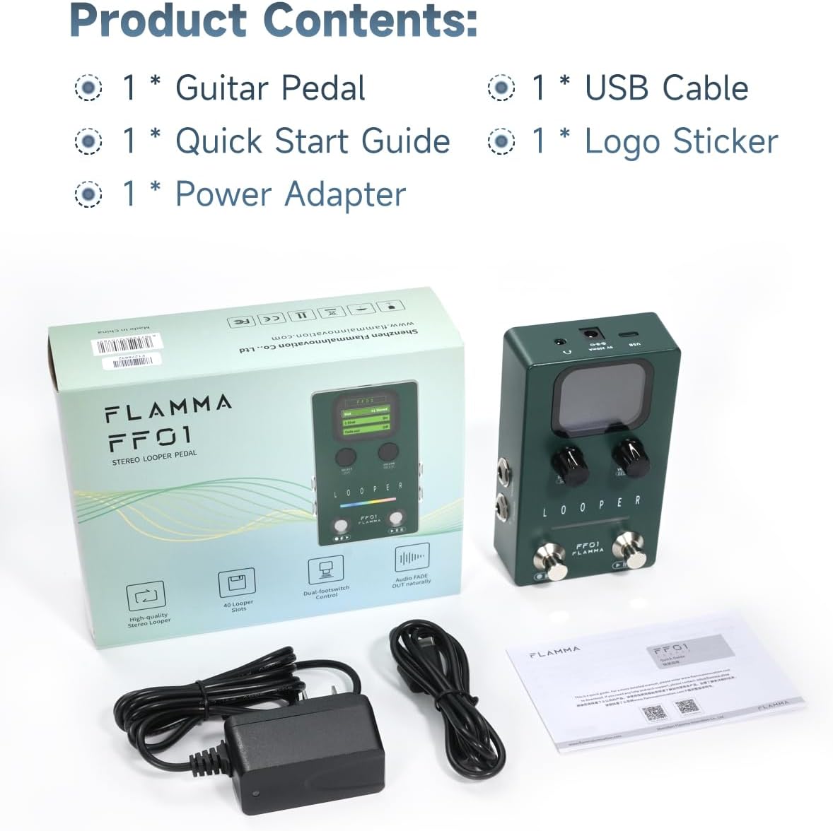 FLAMMA Looper Guitar Pedal, FF01 Looper Pedal with 40 Slots 160 Mins Looping Time, Stereo Guitar Loop Pedals with Screen for Electric Guitar/Bass, Fade Out, USB Data Management