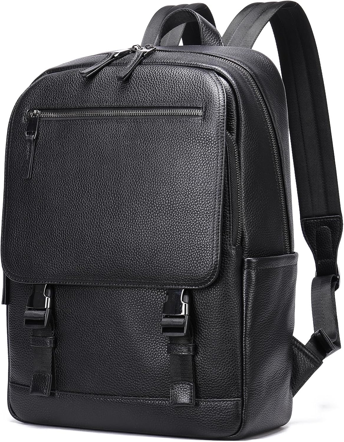 Genuine Leather Backpack for Men Waterproof Vintage Flap Design Travel Knapsack Casual Laptop Bookbag Gift Box (6520-Black)