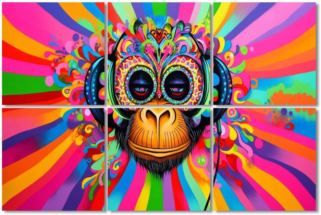 6 Pack Art Acoustic Panels Sound Absorbing Graffiti Monkey Headphones Street Pop Art Colorful Radiating Patterns Decorative Soundproof Wall Panels Self Adhesive for Recording Studios Office 72