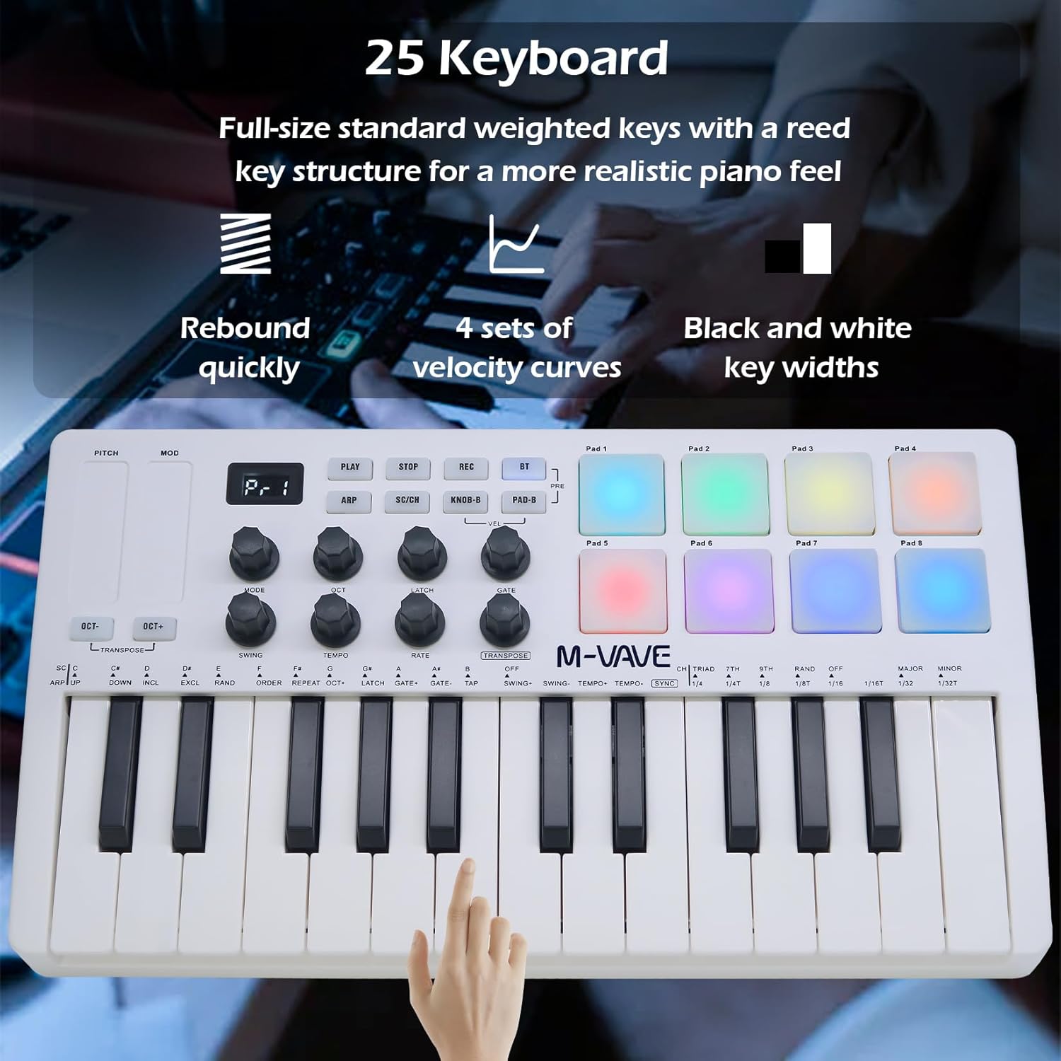 M-VAVE 25 Keys 8 Backlit Drum Pads MIDI Keyboard – Professional Beat Maker and Keytar for Keyboard Music Production Builtin Battery Wireless Connect White