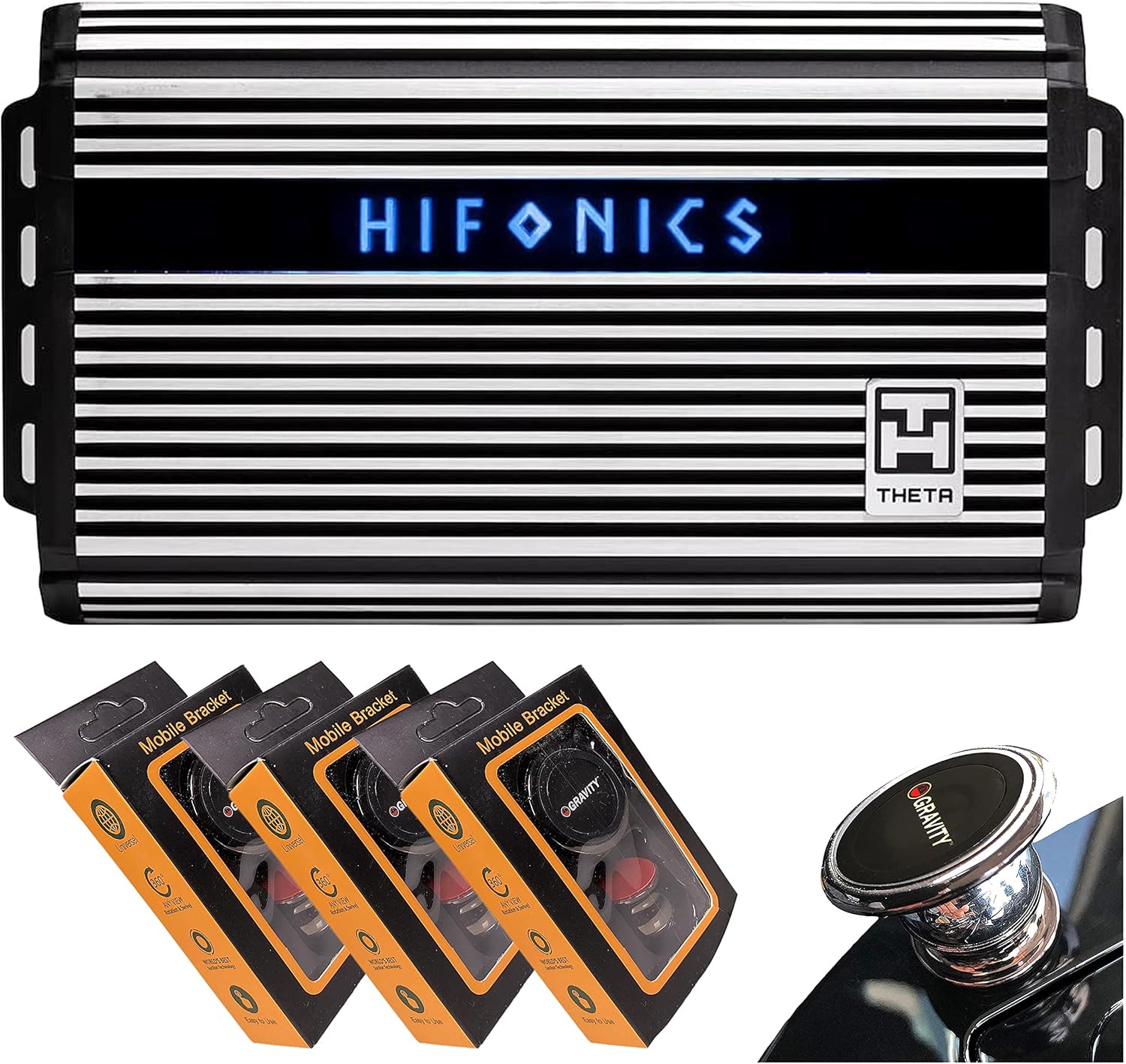 Hifonics ZTH-1225.1D Zeus Theta Compact Mono Channel Car Audio Amplifier (Silver) – Class D Amp, 1200-Watt Built-in Bass Control, Bass Remote Included with 3 Gravity Phone Holder Bundle