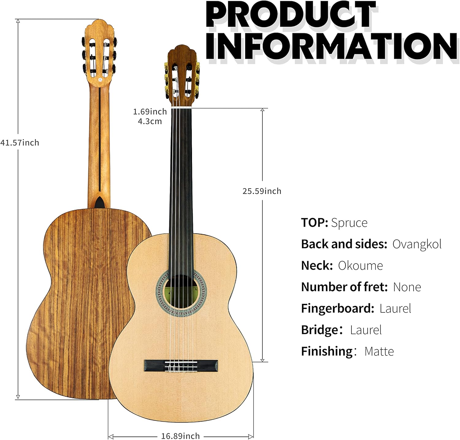 TARIO 39 Inch Fretless Classical Guitar Full Size Acoustic Guitar Spruce top Ovangkol back and sides Okoume neck laurel fingerboard