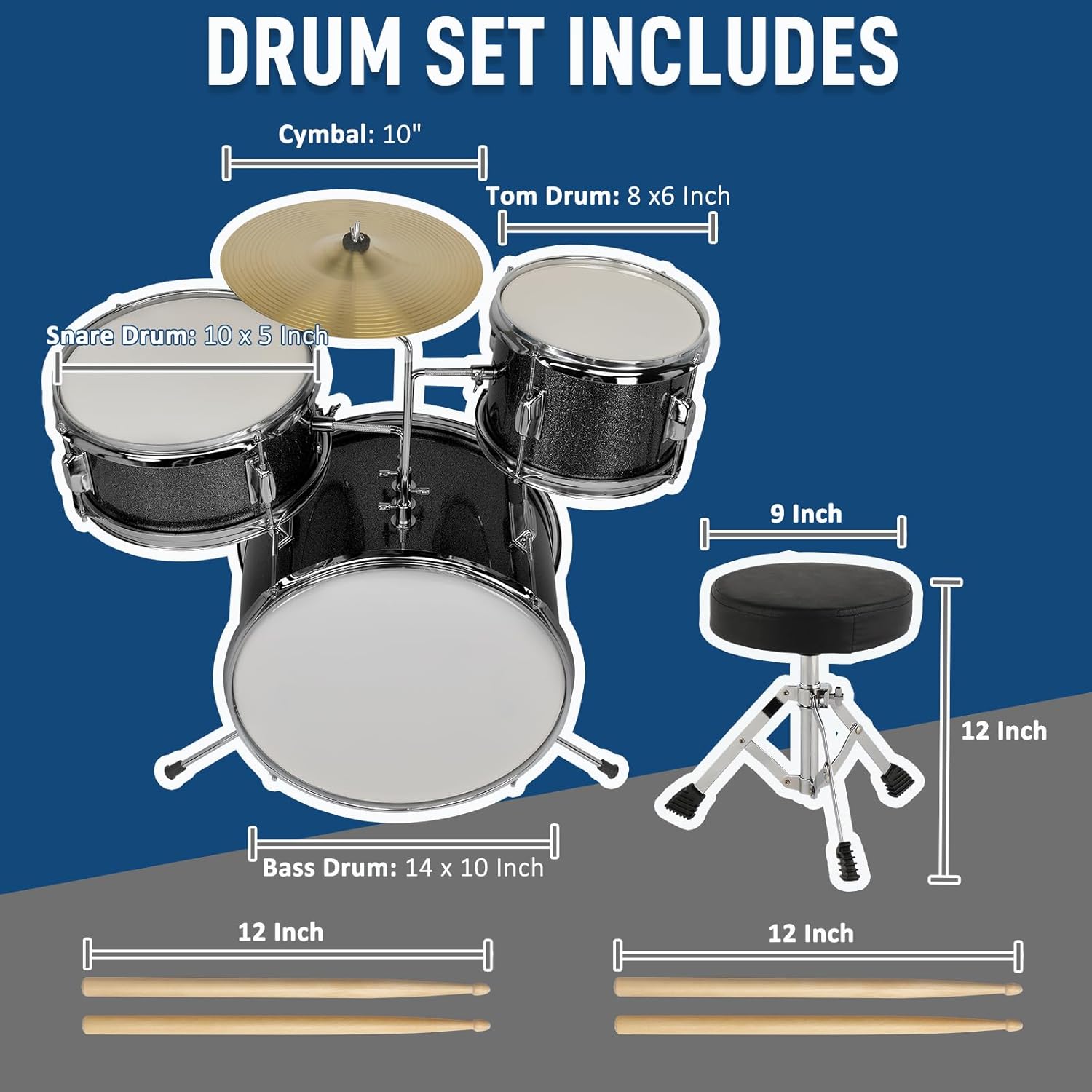 Ktaxon 3-Piece Drum Set, 14 Inch Beginners Drums Kit with Throne Stool, Pedal & 2 Pairs of Drumsticks, Junior Drums Set Musical Instruments W/Cymbal, Tom, and Snare Drum (Black)