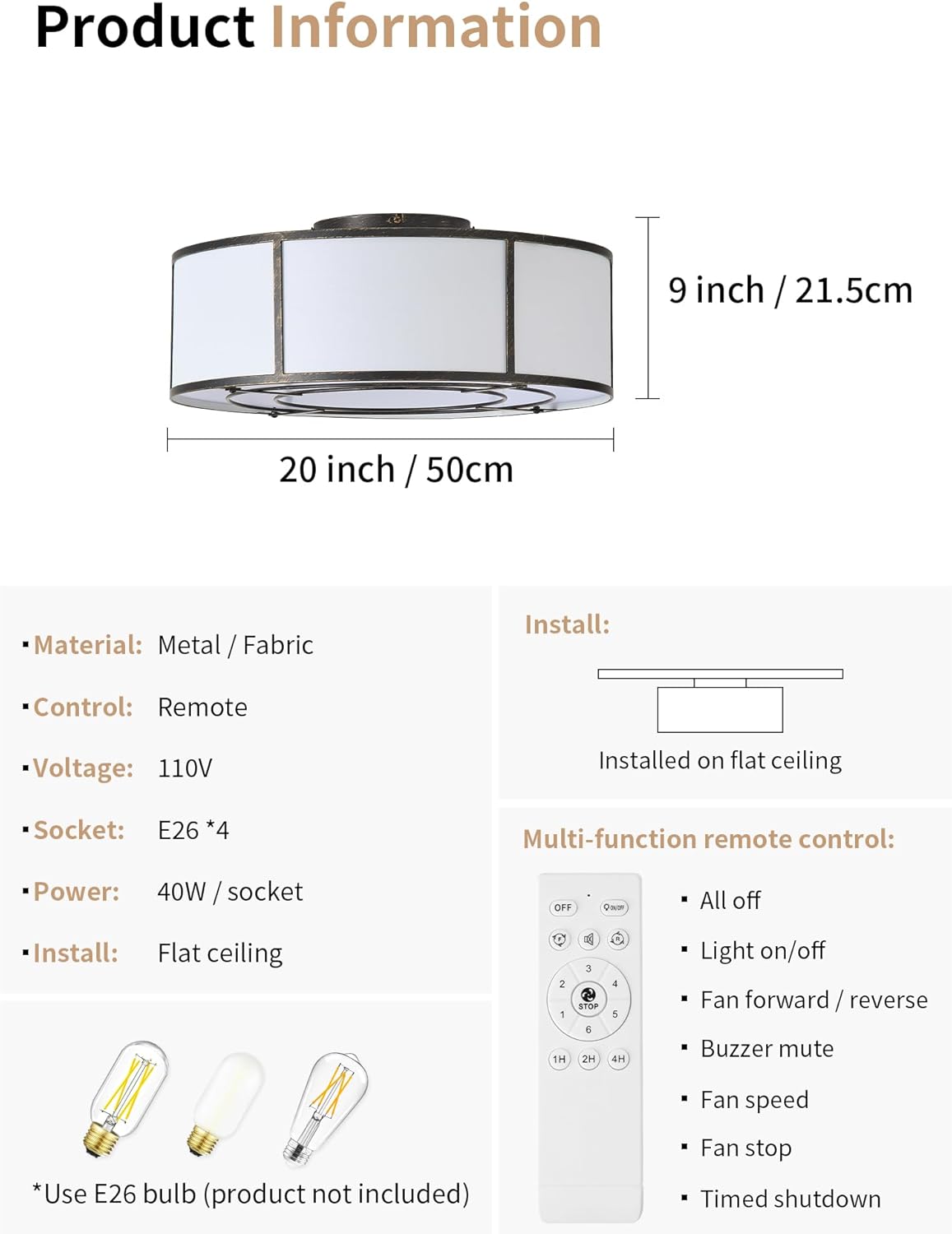 Caged Ceiling Fans with Lights Flush Mount, Farmhouse Low Profile Ceiling Fan with Lights Remote Control, 20'' Modern Bladeless 6 Speeds for Bedroom, Nursery, Kitchen, Black