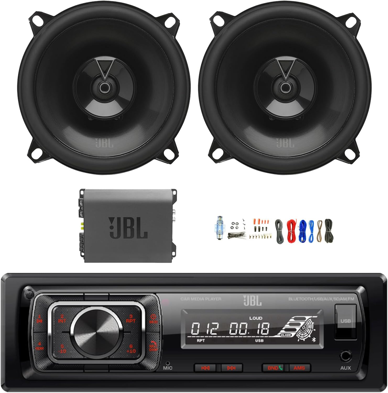 Single DIN Bluetooth FM Radio USB/AUX Media Receiver, 2X 5.25 135 Watt Peak Power 2-Way Car Audio Speakers, Amplifier w/Install Kit